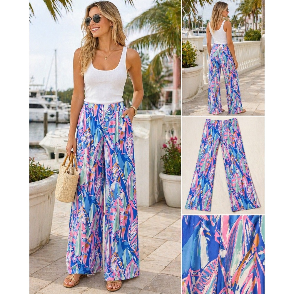 Lilly Pulitzer Wide Leg Pants Tropical Print Pink Blue Resort Coastal xl